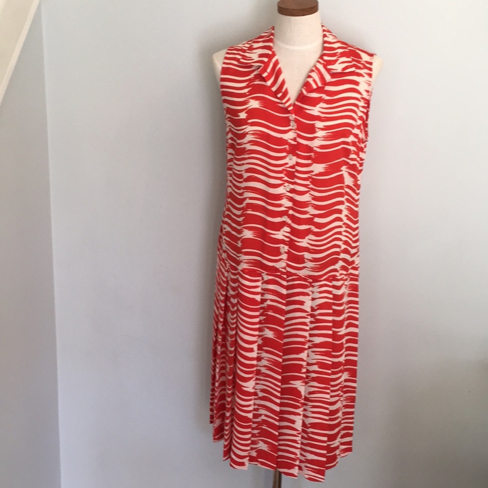 CAbi Brushstroke Dress Medium Red White Pleated